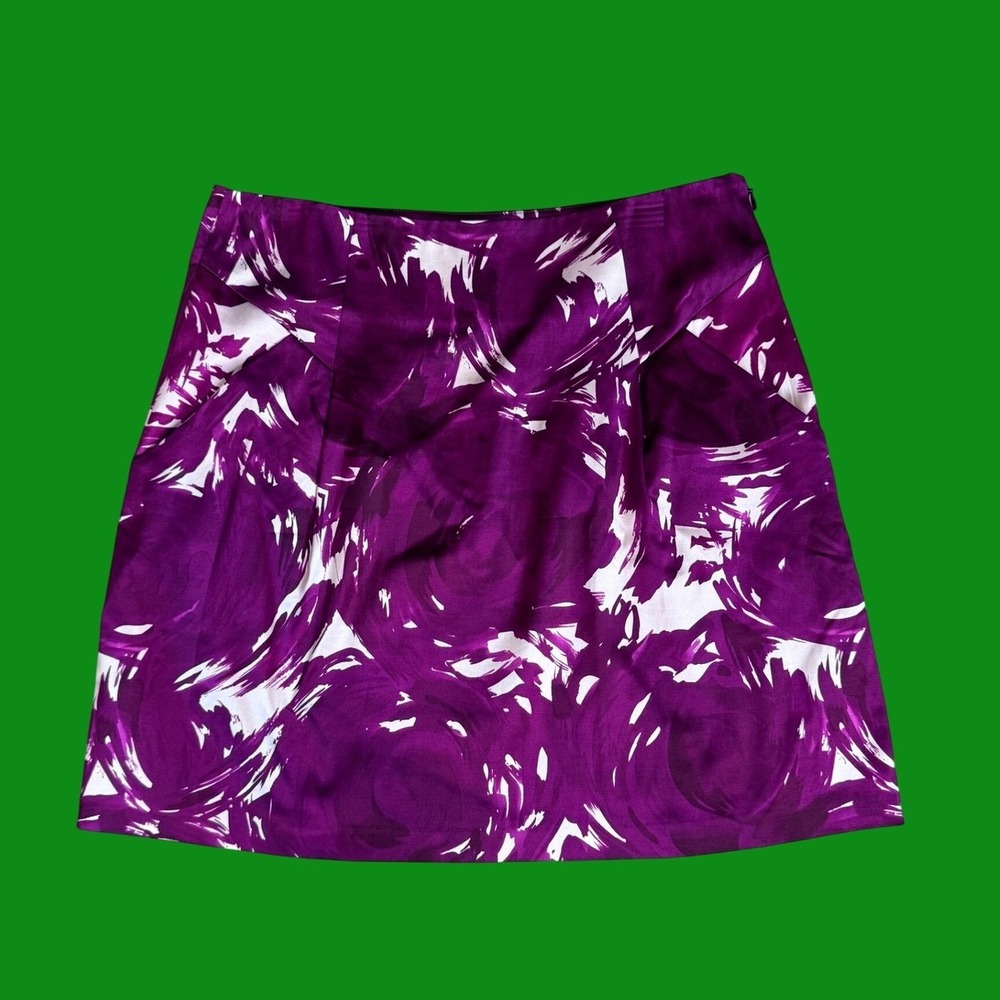 Theory Mini Skirt Womens 4 Purple Abstract Silk Blend Excellent Side Zip Print
